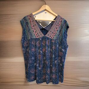 Lucky Brand 2X Boho Floral Sleeveless Top Blue V Neck Tunic Blouse Bohemian
